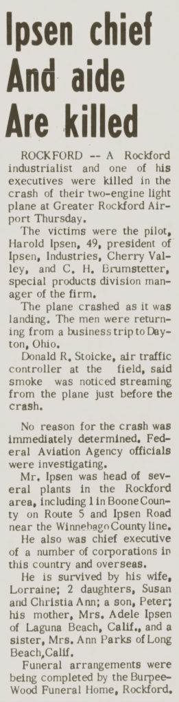 Belvidere Daily Republican article on Ipsen plane crash 1965