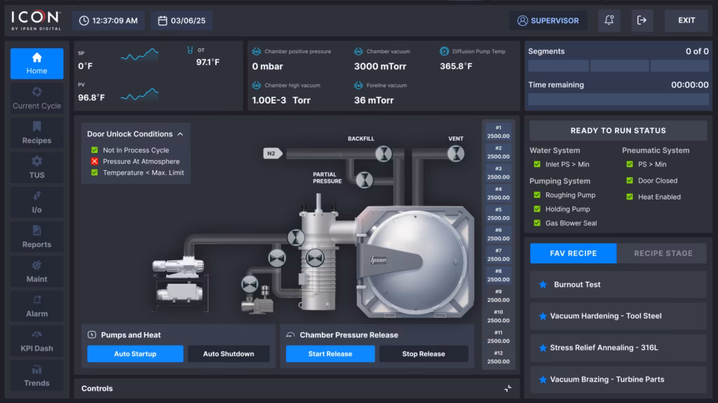 ICON vacuum furnace controls home screen